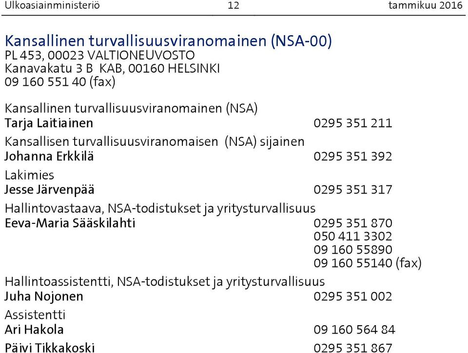 392 Lakimies Jesse Järvenpää 0295 351 317 Hallintovastaava, NSA-todistukset ja yritysturvallisuus Eeva-Maria Sääskilahti 0295 351 870 050 411 3302 09 160