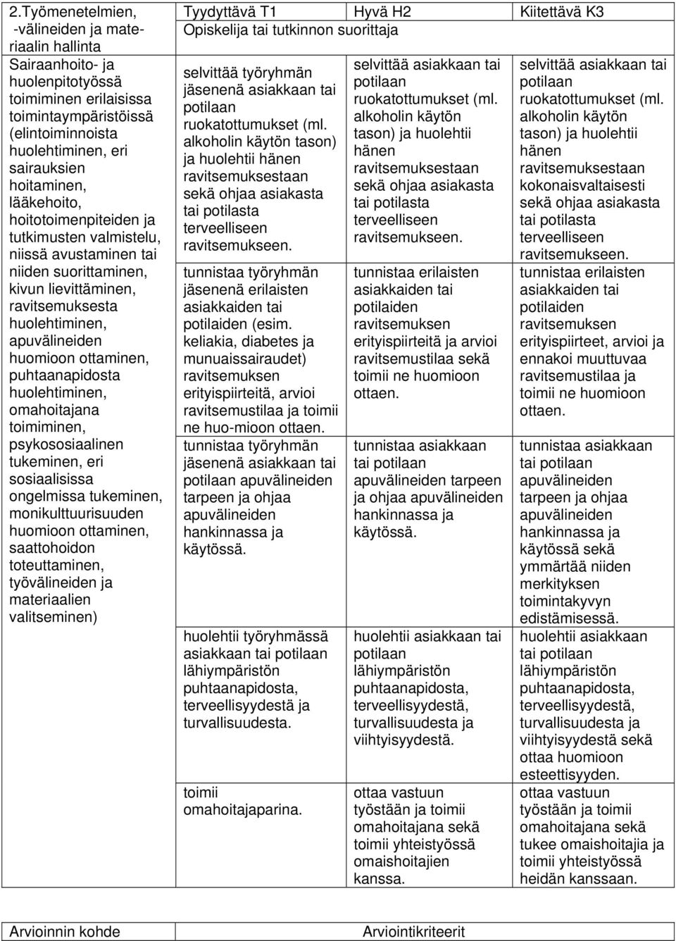 huolehtiminen, omahoitajana toimiminen, psykososiaalinen tukeminen, eri sosiaalisissa ongelmissa tukeminen, monikulttuurisuuden huomioon ottaminen, saattohoidon toteuttaminen, työvälineiden ja