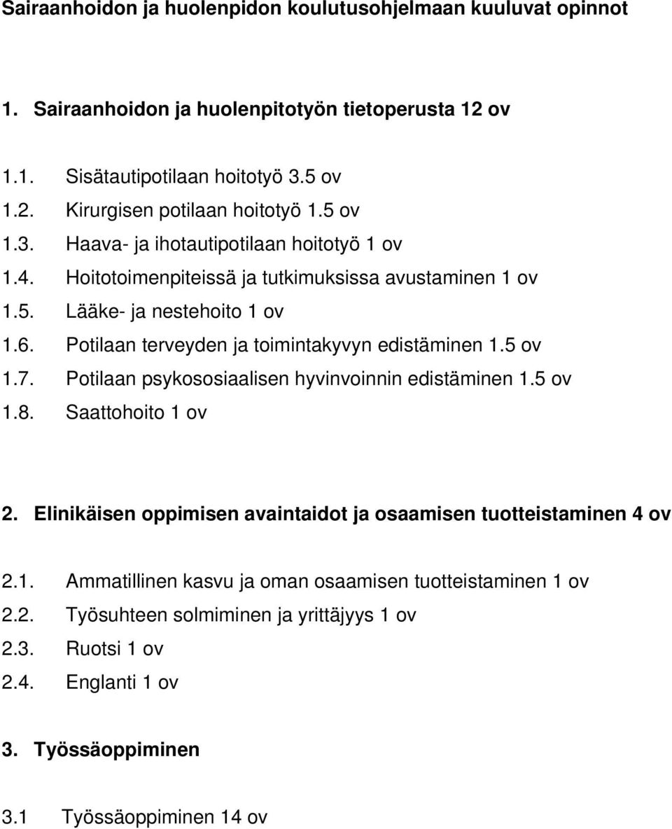 Potilaan terveyden ja toimintakyvyn edistäminen 1.5 ov 1.7. Potilaan psykososiaalisen hyvinvoinnin edistäminen 1.5 ov 1.8. Saattohoito 1 ov 2.