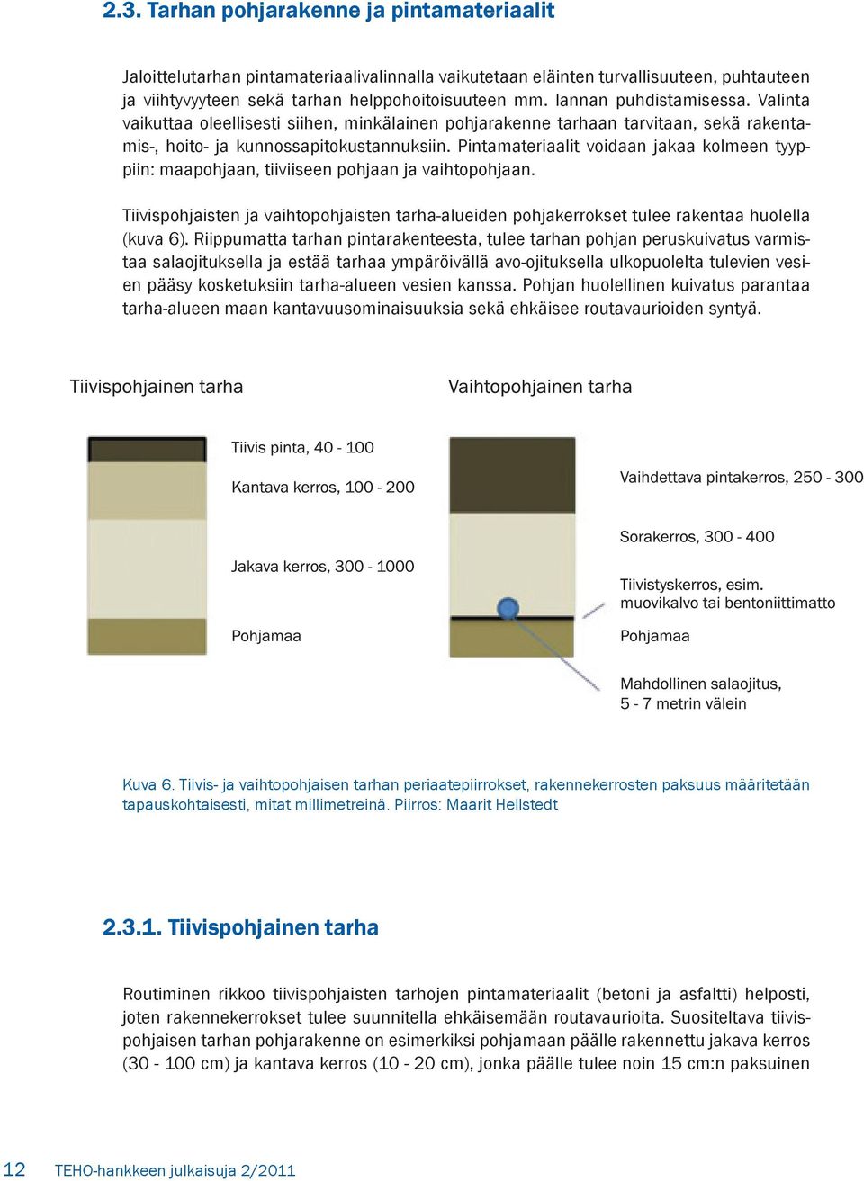 Pintamateriaalit voidaan jakaa kolmeen tyyppiin: maapohjaan, tiiviiseen pohjaan ja vaihtopohjaan. Tiivispohjaisten ja vaihtopohjaisten tarha-alueiden pohjakerrokset tulee rakentaa huolella (kuva 6).