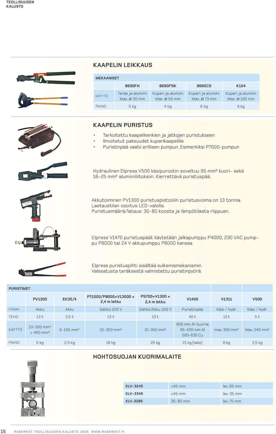 Ø 100 mm PAINO 5 kg 4 kg 6 kg 6 kg KAAPELIN PURISTUS Tarkoitettu kaapelikenkien ja jatkojen puristukseen Ilmoitetut paksuudet kuparikaapelille Puristinpää vaatii erillisen pumpun.