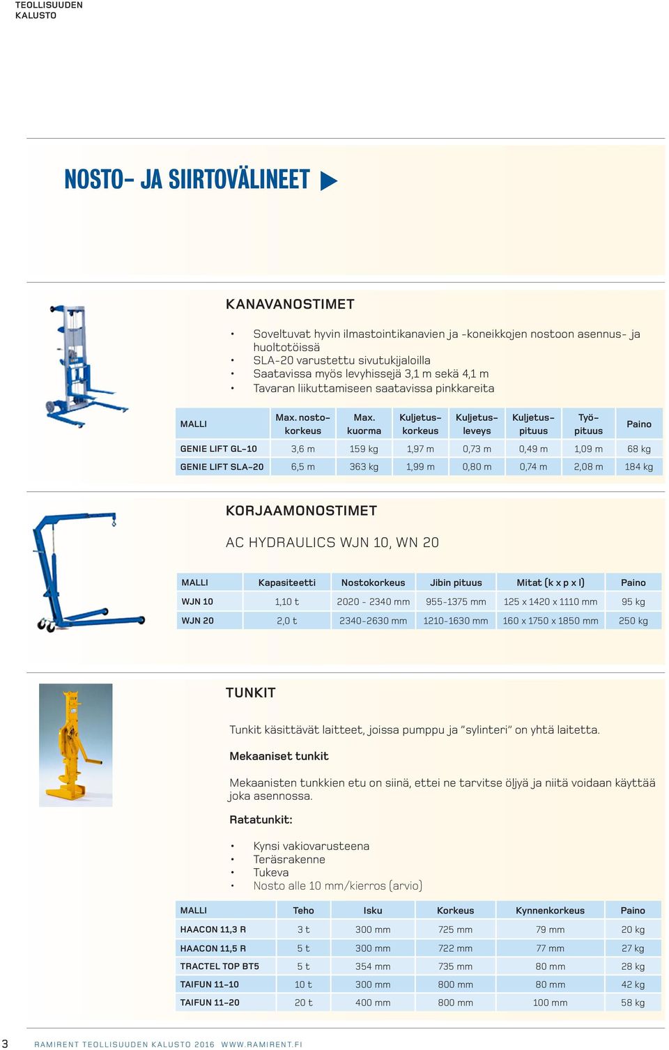 nostokorkeus Kuljetuskorkeus Kuljetusleveys Kuljetuspituus Työpituus Paino GENIE LIFT GL-10 3,6 m 159 kg 1,97 m 0,73 m 0,49 m 1,09 m 68 kg GENIE LIFT SLA-20 6,5 m 363 kg 1,99 m 0,80 m 0,74 m 2,08 m