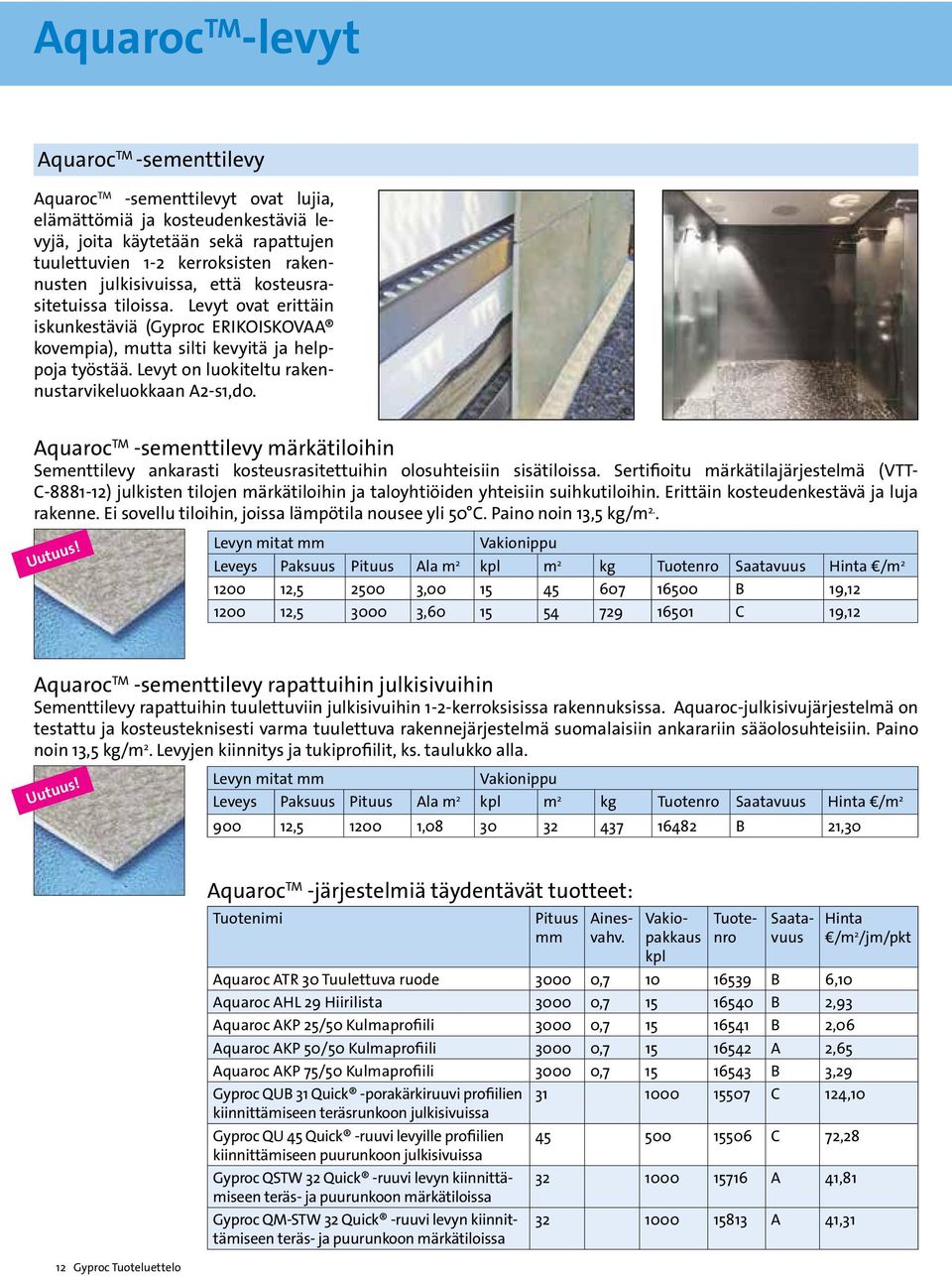 Levyt on luokiteltu rakennustarvikeluokkaan A2-s1,d0. Aquaroc TM -sementtilevy märkätiloihin Sementtilevy ankarasti kosteusrasitettuihin olosuhteisiin sisätiloissa.