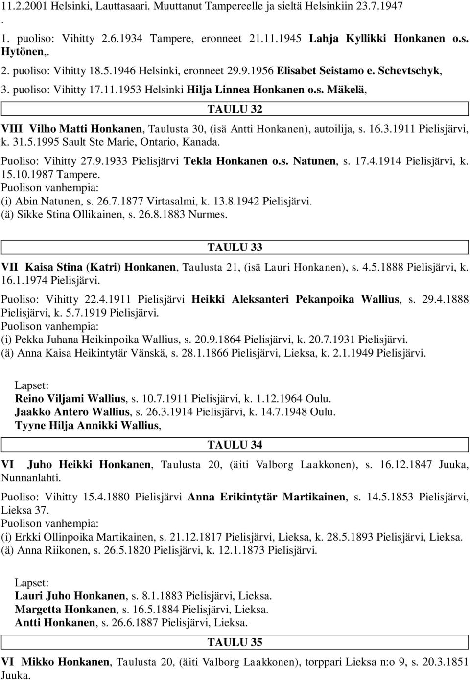 16.3.1911 Pielisjärvi, k. 31.5.1995 Sault Ste Marie, Ontario, Kanada. Puoliso: Vihitty 27.9.1933 Pielisjärvi Tekla Honkanen o.s. Natunen, s. 17.4.1914 Pielisjärvi, k. 15.10.1987 Tampere.