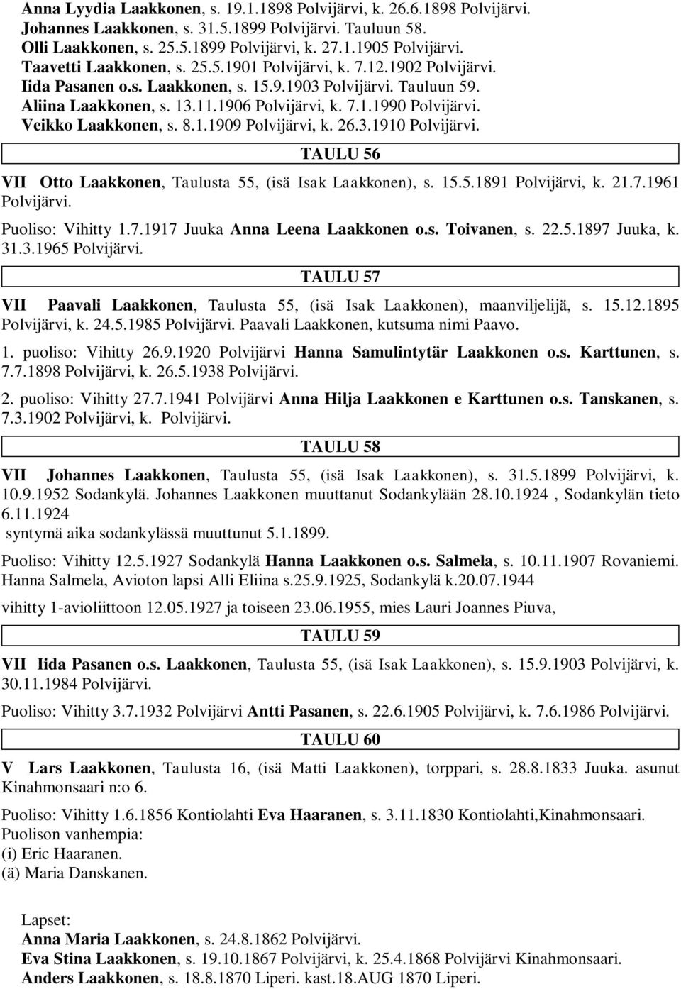 Veikko Laakkonen, s. 8.1.1909 Polvijärvi, k. 26.3.1910 Polvijärvi. TAULU 56 VII Otto Laakkonen, Taulusta 55, (isä Isak Laakkonen), s. 15.5.1891 Polvijärvi, k. 21.7.1961 Polvijärvi. Puoliso: Vihitty 1.