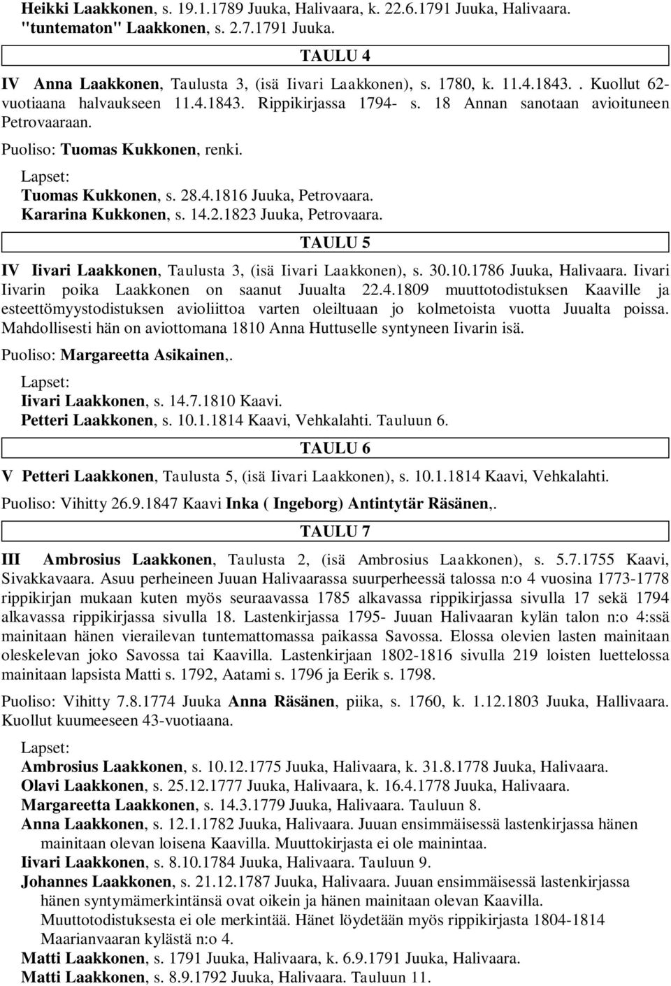 Kararina Kukkonen, s. 14.2.1823 Juuka, Petrovaara. TAULU 5 IV Iivari Laakkonen, Taulusta 3, (isä Iivari Laakkonen), s. 30.10.1786 Juuka, Halivaara. Iivari Iivarin poika Laakkonen on saanut Juualta 22.