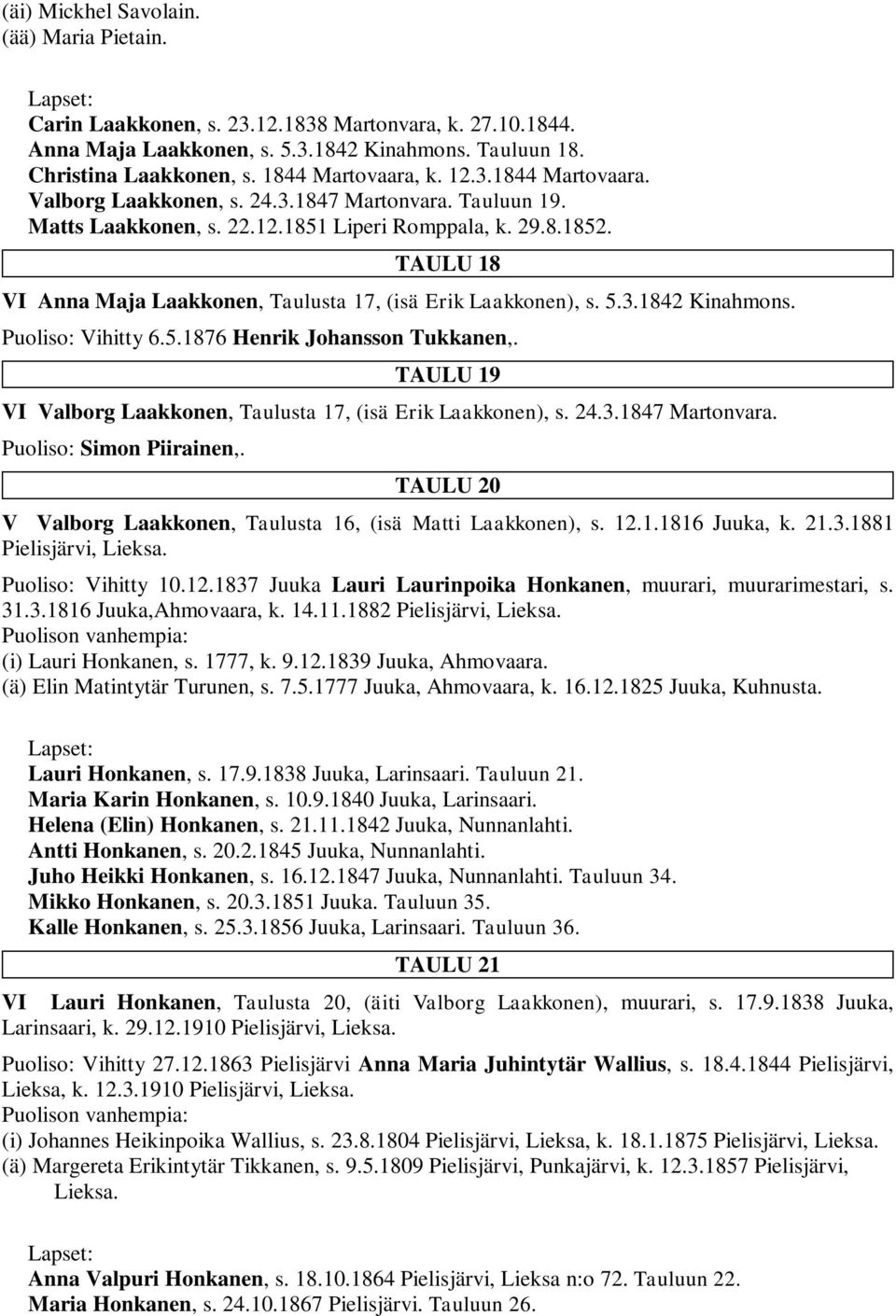 TAULU 18 VI Anna Maja Laakkonen, Taulusta 17, (isä Erik Laakkonen), s. 5.3.1842 Kinahmons. Puoliso: Vihitty 6.5.1876 Henrik Johansson Tukkanen,.