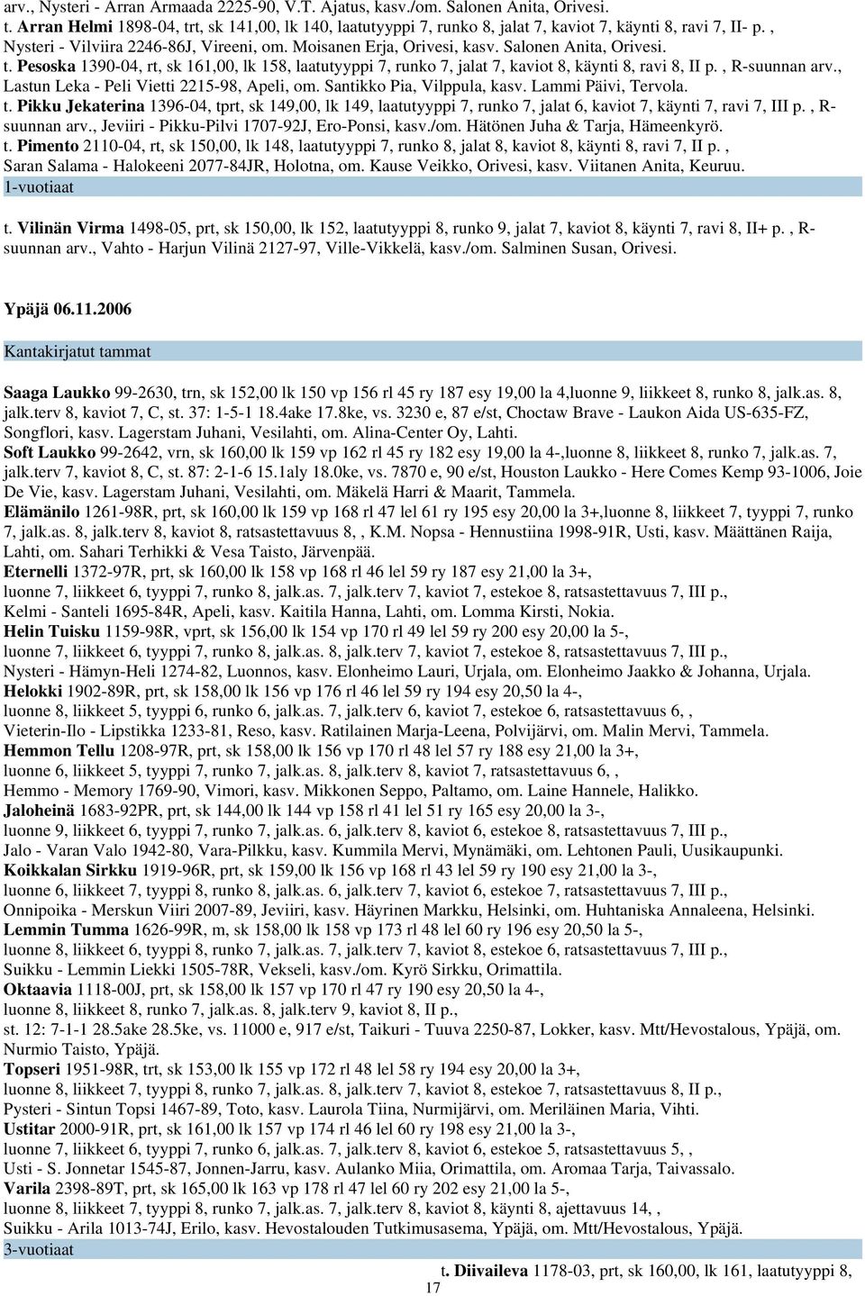 Salonen Anita, Orivesi. t. Pesoska 1390-04, rt, sk 161,00, lk 158, laatutyyppi 7, runko 7, jalat 7, kaviot 8, käynti 8, ravi 8, II p., R-suunnan arv., Lastun Leka - Peli Vietti 2215-98, Apeli, om.