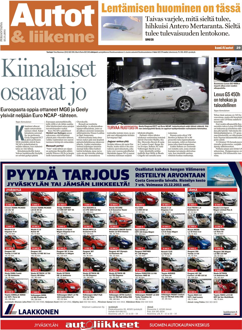 fi faksi: 622 274 osoite: Liikenteessä, PL 159, 40101 Jyväskylä. ksml.fi/autot Kiinalaiset EURO NCAP osaavat jo Euroopasta oppia ottaneet MG6 ja Geely ylsivät neljään Euro NCAP -tähteen.