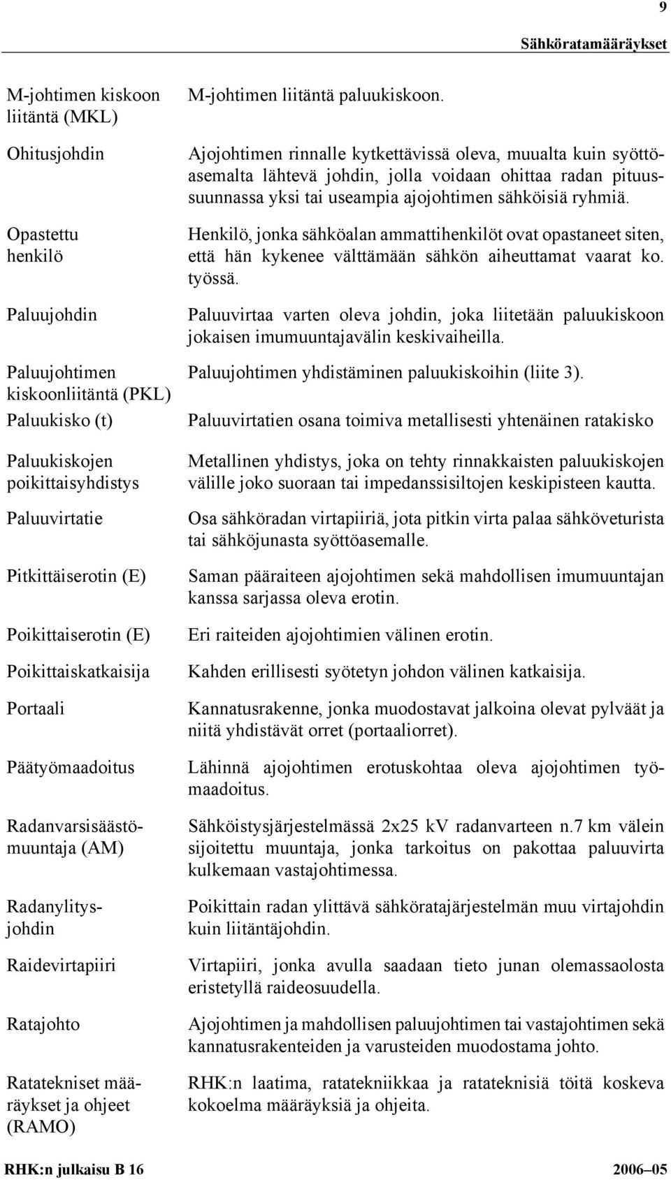 Radanvarsisäästömuuntaja (AM) Radanylitysjohdin Raidevirtapiiri Ratajohto Ratatekniset määräykset ja ohjeet (RAMO) M-johtimen liitäntä paluukiskoon.