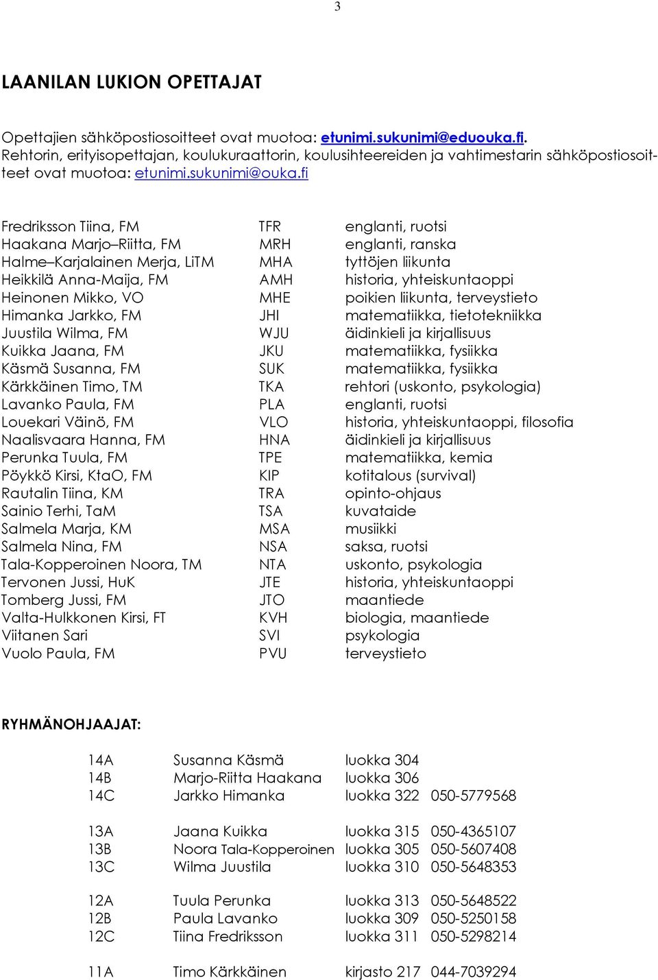 fi Fredriksson Tiina, FM TFR englanti, ruotsi Haakana Marjo Riitta, FM MRH englanti, ranska Halme Karjalainen Merja, LiTM MHA tyttöjen liikunta Heikkilä Anna-Maija, FM AMH historia, yhteiskuntaoppi