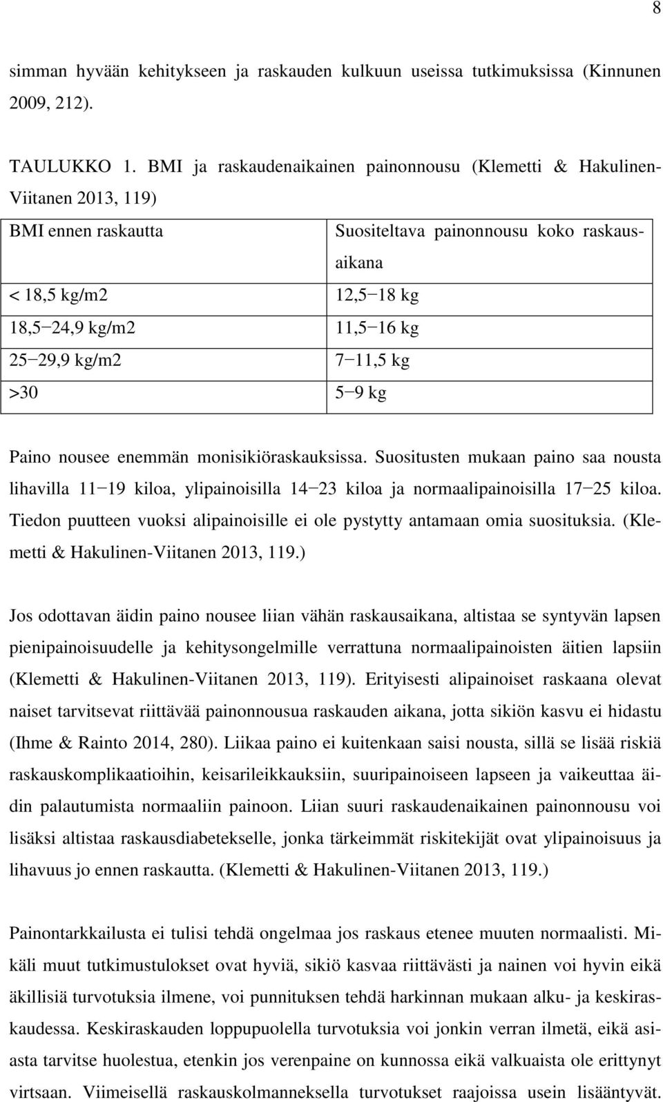 29,9 kg/m2 7 11,5 kg >30 5 9 kg Paino nousee enemmän monisikiöraskauksissa. Suositusten mukaan paino saa nousta lihavilla 11 19 kiloa, ylipainoisilla 14 23 kiloa ja normaalipainoisilla 17 25 kiloa.