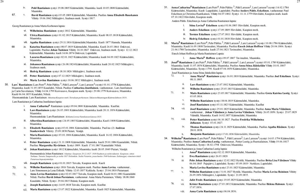 1815 Käärmelahti, Kuoli 08.03.1818 Käärmelahti, vi Agatha Rautiainen syntyi 29.11.1816 Käärmelahti, Kuoli 1877 Hamula, Maaninka 68.ix. Katarina Rautiainen syntyi 08.07.1819 Käärmelahti, Kuoli 26.03.1864 Onkivesi, Lapinlahti.