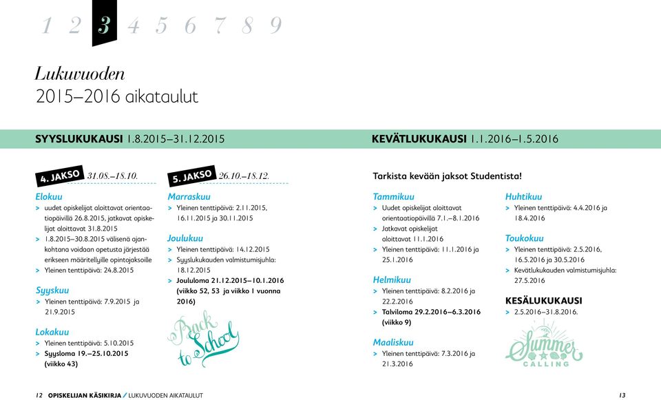 2015 ja 21.9.2015 Lokakuu > Yleinen tenttipäivä: 5.10.2015 > Syysloma 19. 25.10.2015 (viikko 43) 31.08. 18.10. 26.10. 18.12. 5. JAKSO Marraskuu > Yleinen tenttipäivä: 2.11.