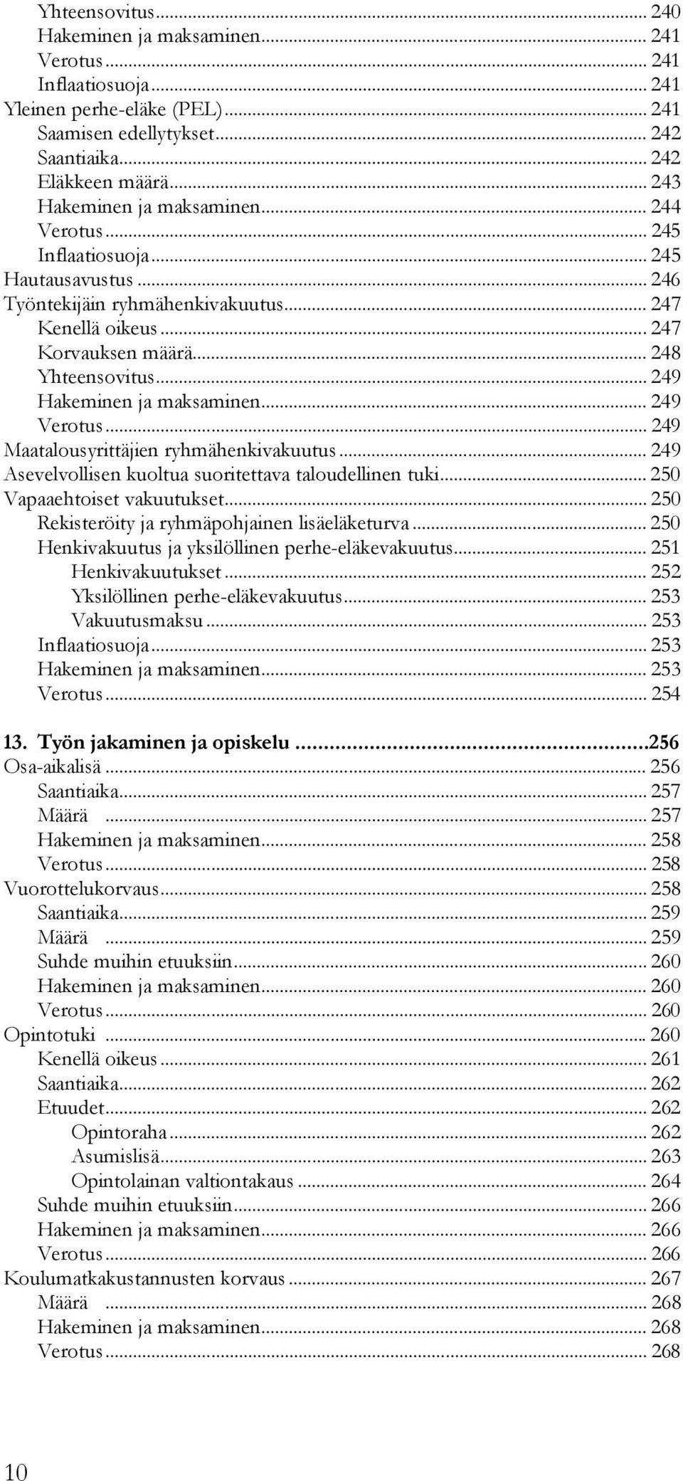 .. 249 Hakeminen ja maksaminen... 249 Verotus... 249 Maatalousyrittäjien ryhmähenkivakuutus... 249 Asevelvollisen kuoltua suoritettava taloudellinen tuki... 250 Vapaaehtoiset vakuutukset.