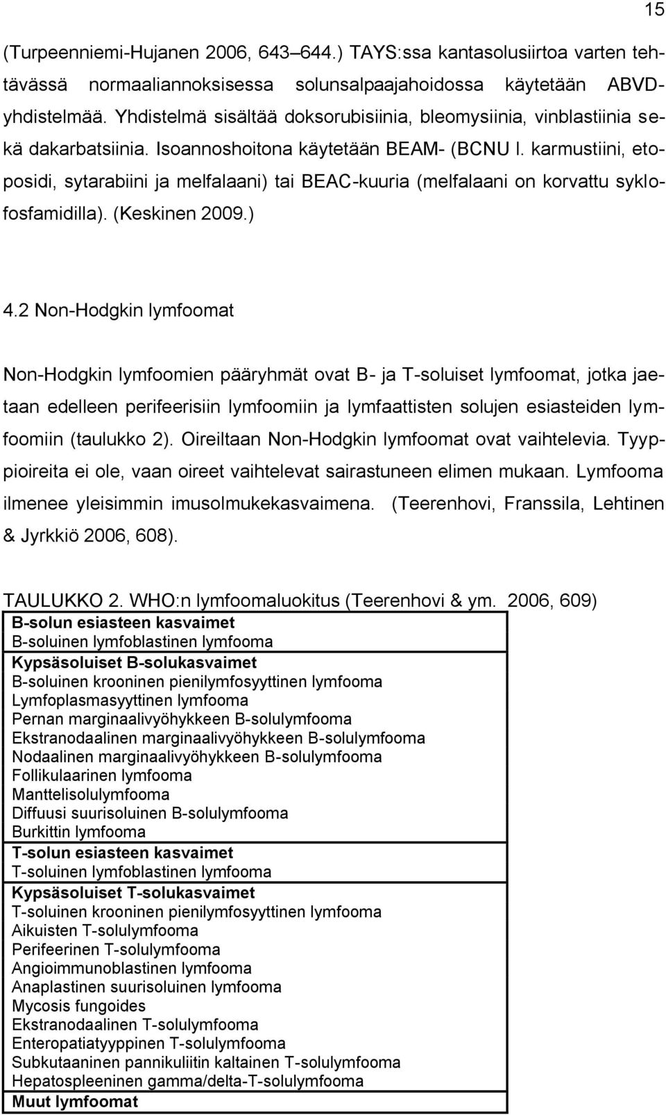 karmustiini, etoposidi, sytarabiini ja melfalaani) tai BEAC-kuuria (melfalaani on korvattu syklofosfamidilla). (Keskinen 2009.) 4.