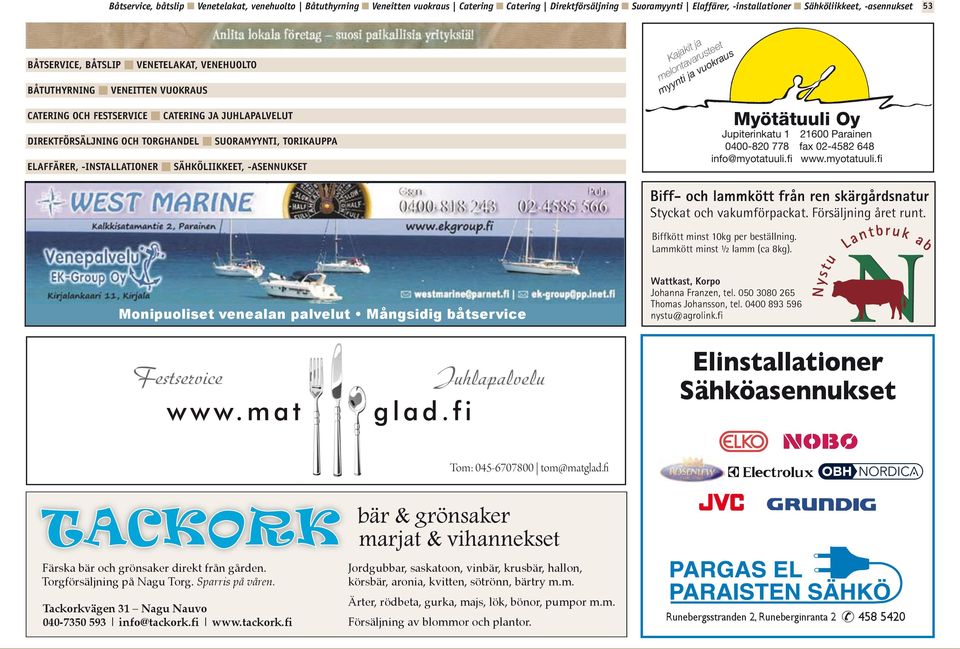 sähköliikkeet, -asennukset Kajakit ja melontavarusteet myynti ja vuokraus Myötätuuli Oy Jupiterinkatu 1 21600 Parainen 0400-820 778 fax 02-4582 648 info@myotatuuli.