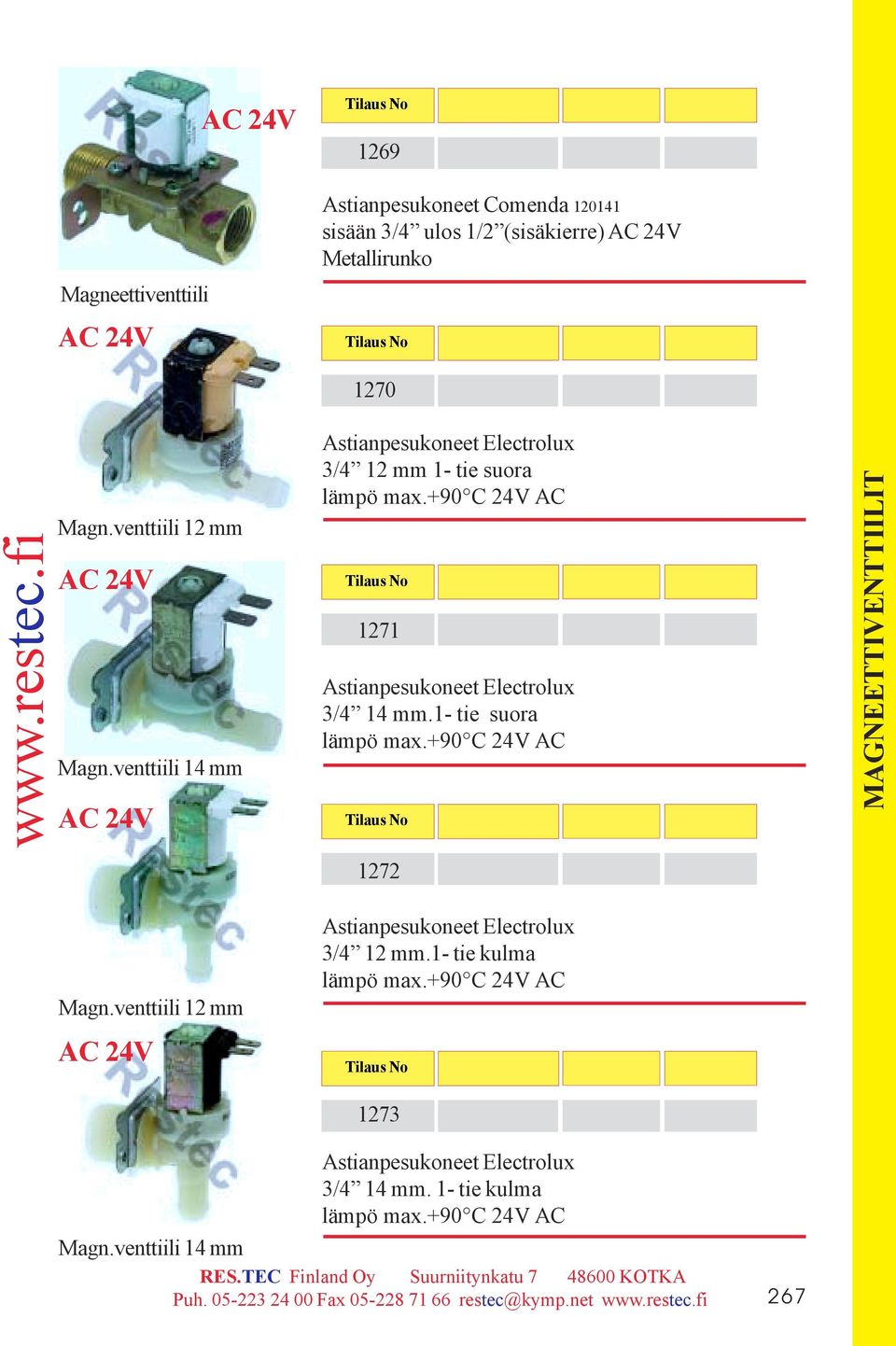 +90 C 24V AC 1271 Astianpesukoneet Electrolux 3/4 14 mm.1- tie suora lämpö max.+90 C 24V AC 1272 Magn.