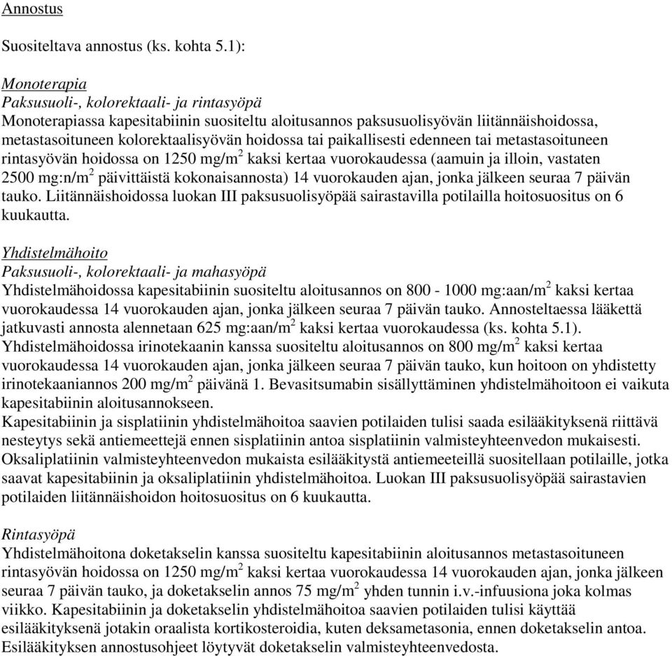 paikallisesti edenneen tai metastasoituneen rintasyövän hoidossa on 1250 mg/m 2 kaksi kertaa vuorokaudessa (aamuin ja illoin, vastaten 2500 mg:n/m 2 päivittäistä kokonaisannosta) 14 vuorokauden ajan,