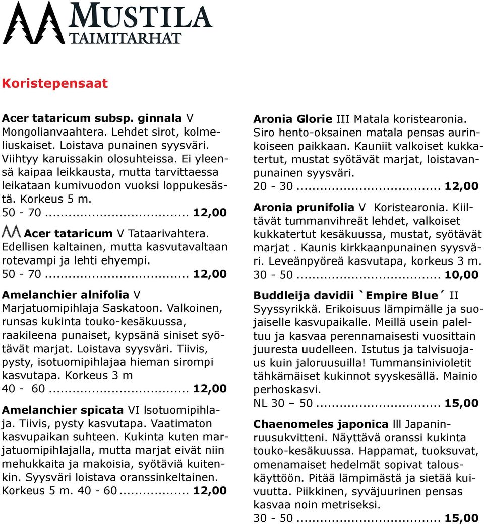 Edellisen kaltainen, mutta kasvutavaltaan rotevampi ja lehti ehyempi. 50-70... 12,00 Amelanchier alnifolia V Marjatuomipihlaja Saskatoon.