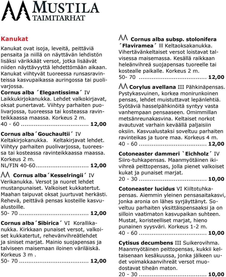 Viihtyy parhaiten puolivarjossa, tuoreessa tai kosteassa ravinteikkaassa maassa. Korkeus 2 m. 40-60... 12,00 Cornus alba Gouchaultii IV Keltakirjokanukka. Keltakirjavat lehdet.