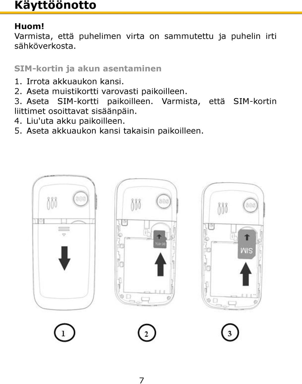 SIM-kortin ja akun asentaminen 1. Irrota akkuaukon kansi. 2.