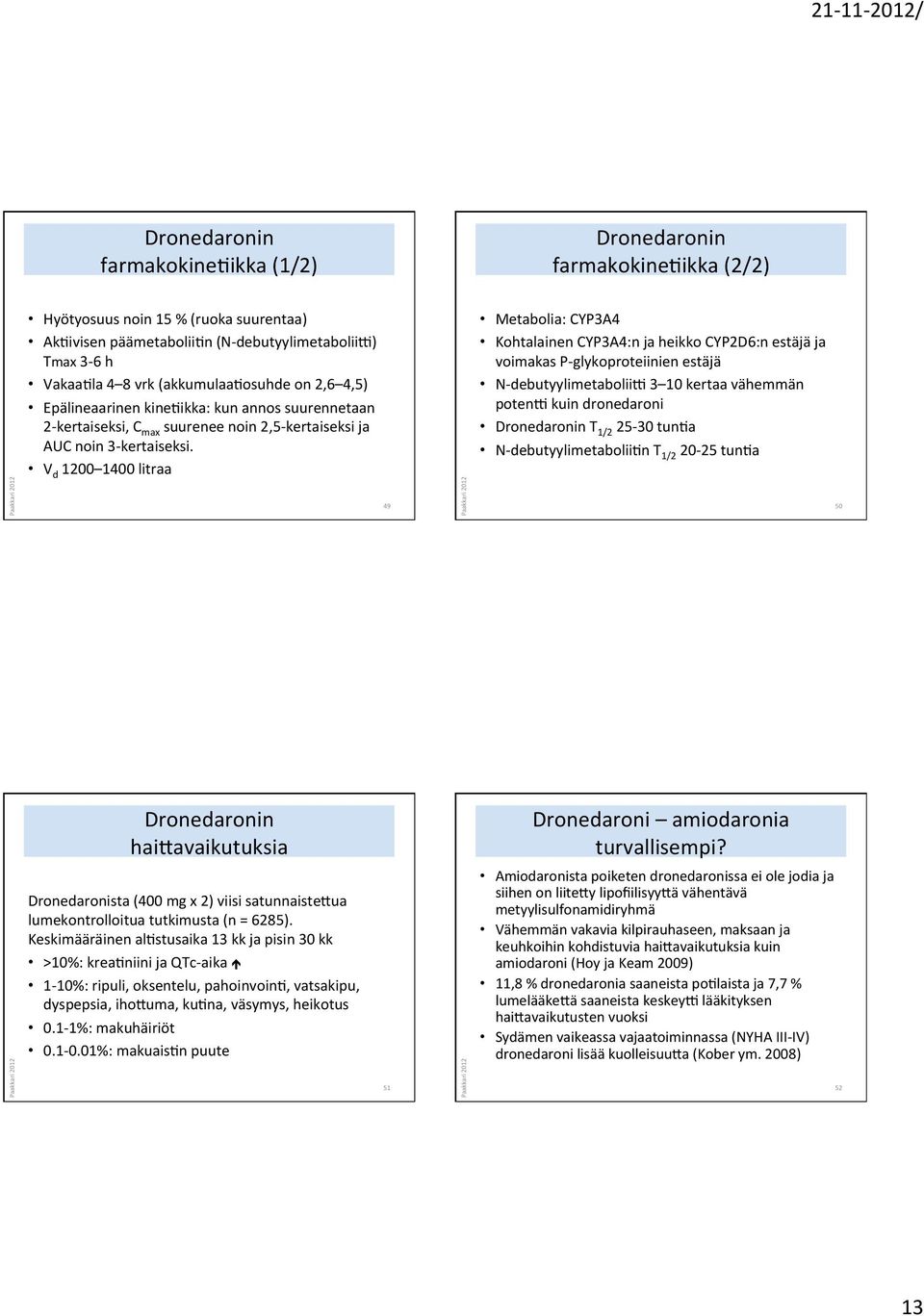 V d 1200 1400 litraa 49 Metabolia: CYP3A4 Kohtalainen CYP3A4:n ja heikko CYP2D6:n estäjä ja voimakas P- glykoproteiinien estäjä N- debutyylimetaboliie 3 10 kertaa vähemmän potene kuin dronedaroni