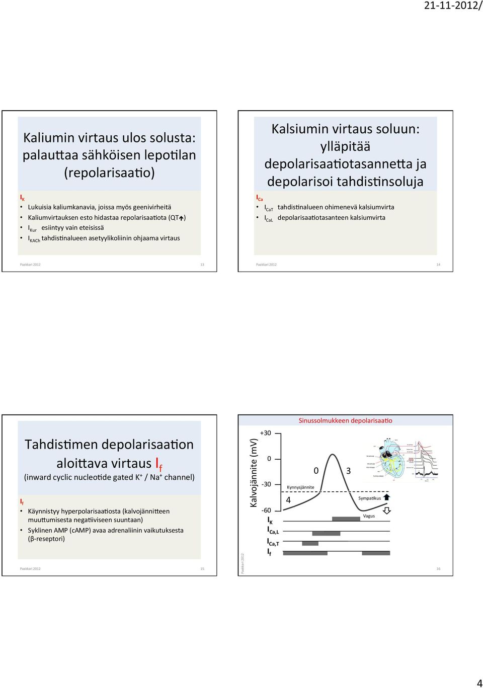 kalsiumvirta I CaL depolarisaacotasanteen kalsiumvirta 13 14 TahdisCmen depolarisaacon aloi>ava virtaus I f (inward cyclic nucleocde gated K + / Na + channel) I f Käynnistyy hyperpolarisaacosta