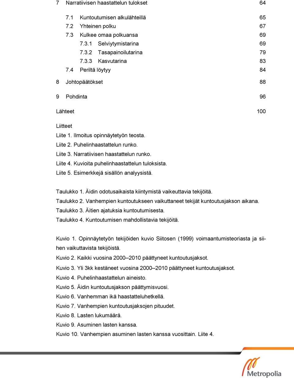 Liite 4. Kuvioita puhelinhaastattelun tuloksista. Liite 5. Esimerkkejä sisällön analyysistä. Taulukko 1. Äidin odotusaikaista kiintymistä vaikeuttavia tekijöitä. Taulukko 2.