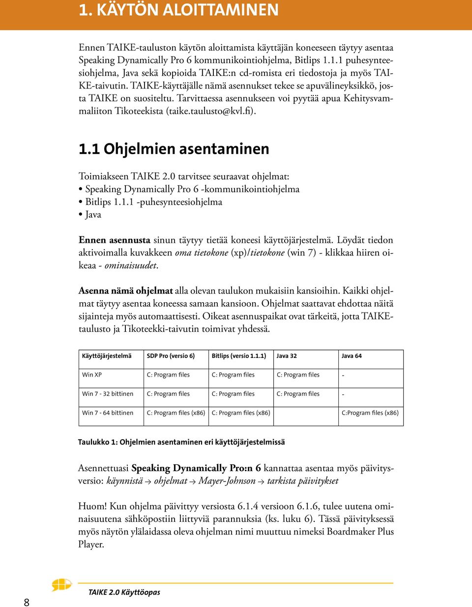 1 Ohjelmien asentaminen Toimiakseen TAIKE 2.0 tarvitsee seuraavat ohjelmat: Speaking Dynamically Pro 6 -kommunikointiohjelma Bitlips 1.1.1 -puhesynteesiohjelma Java Ennen asennusta sinun täytyy tietää koneesi käyttöjärjestelmä.