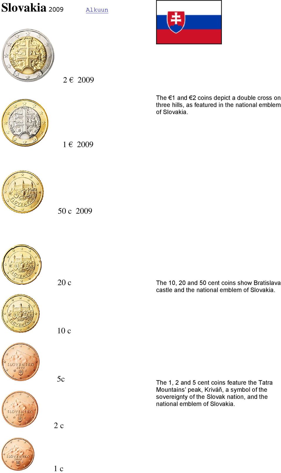 1 2009 50 c 2009 20 c The 10, 20 and 50 cent coins show Bratislava castle and the  10 c 5c The 1, 2