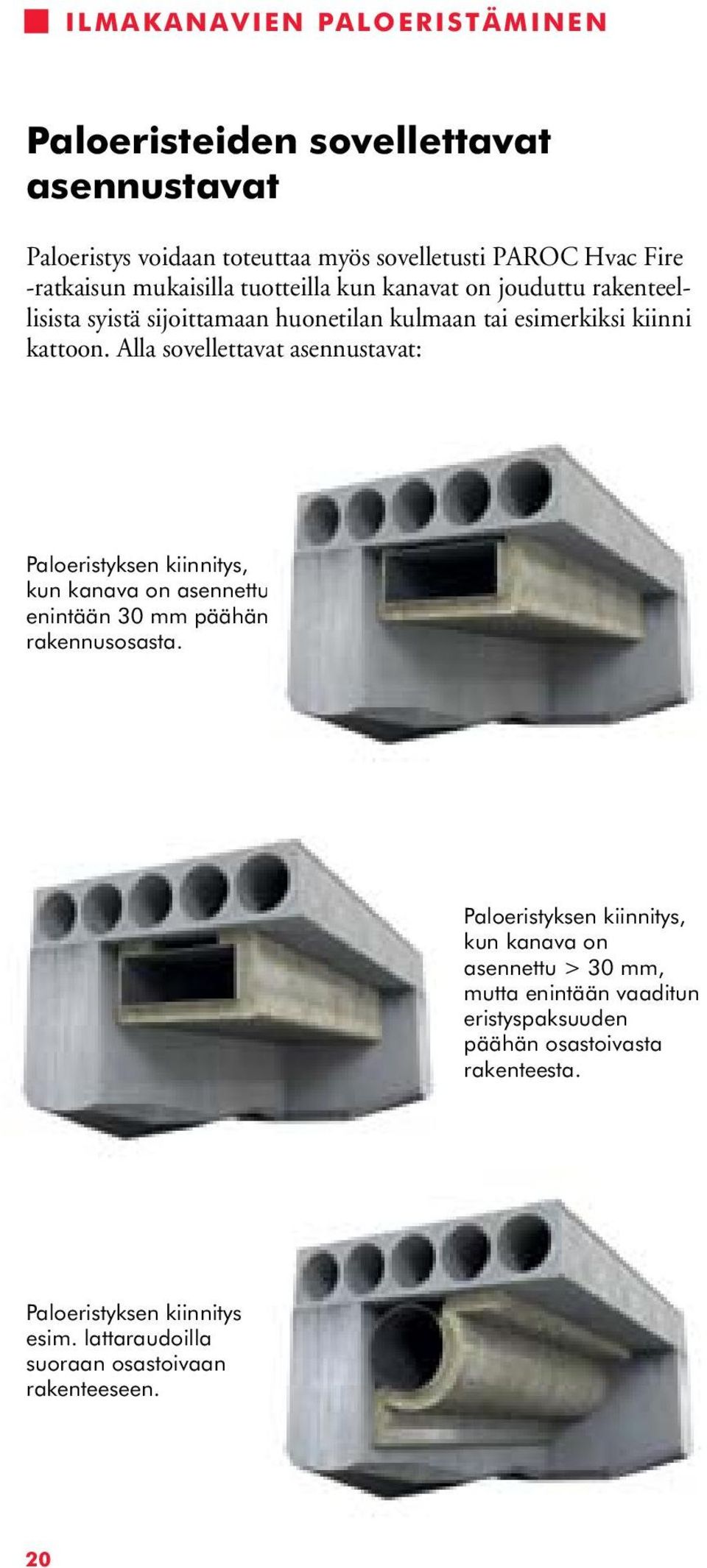 Alla sovellettavat asennustavat: Paloeristyksen kiinnitys, kun kanava on asennettu enintään 30 mm päähän rakennusosasta.