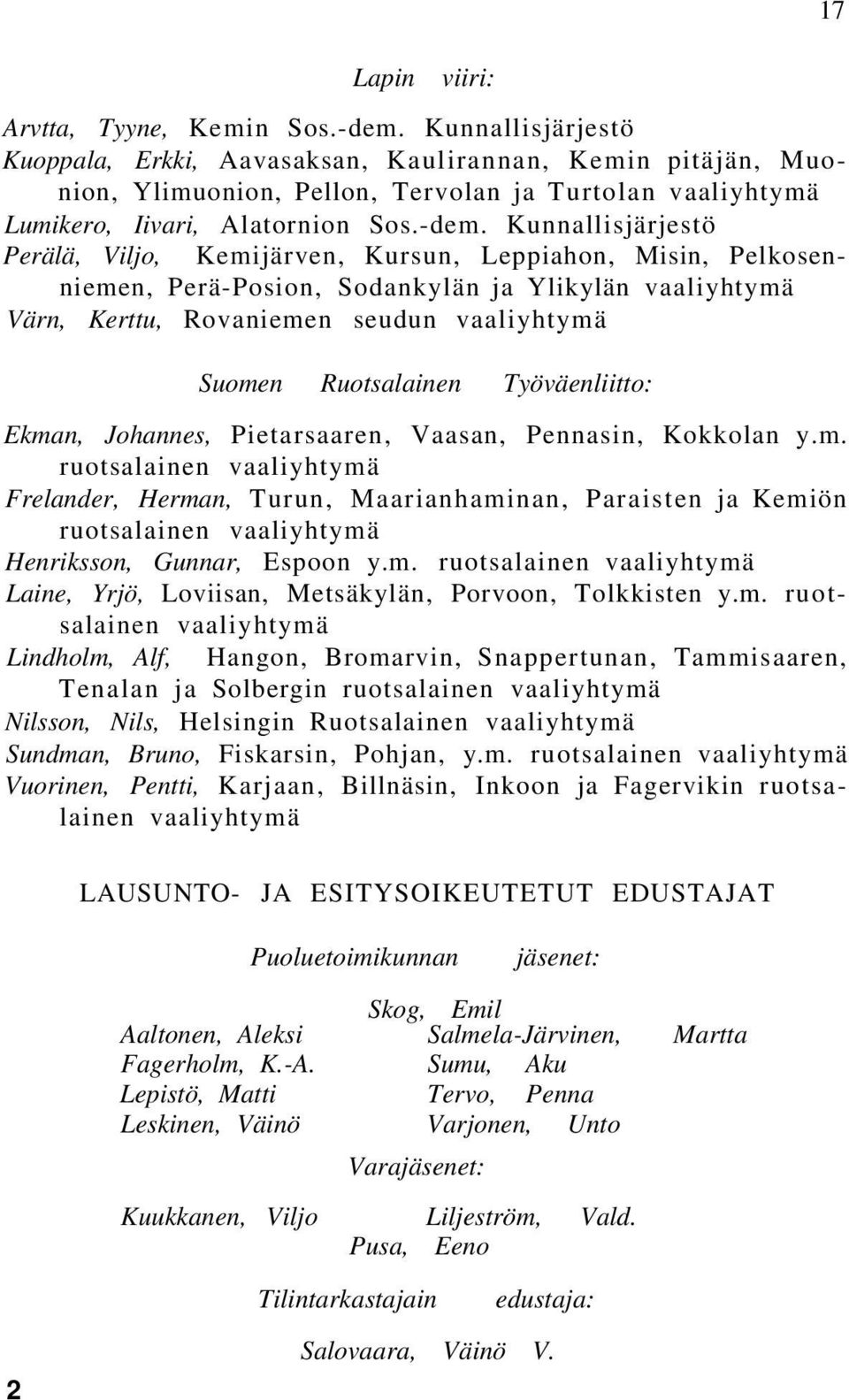 Kunnallisjärjestö Perälä, Viljo, Kemijärven, Kursun, Leppiahon, Misin, Pelkosenniemen, Perä-Posion, Sodankylän ja Ylikylän vaaliyhtymä Värn, Kerttu, Rovaniemen seudun vaaliyhtymä Suomen Ruotsalainen