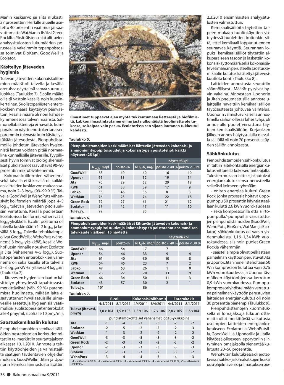 Käsitellyn jäteveden hygienia Tulevan jäteveden kokonaiskoliformien määrä oli talvella ja kesällä otetuissa näytteissä samaa suuruusluokkaa (Taulukko 7). E.