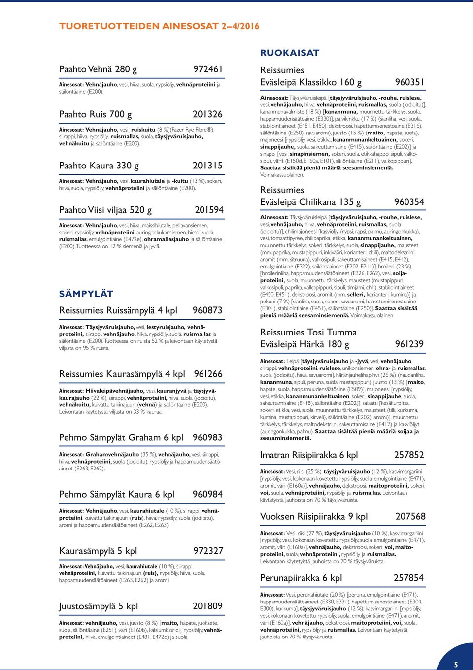 Paahto Kaura 330 g 201315 Ainesosat: Vehnäjauho, vesi, kaurahiutale ja -kuitu (13 %), sokeri, hiiva, suola, rypsiöljy, vehnäproteiini ja säilöntäaine (E200).