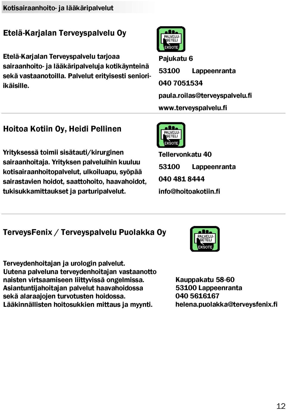 Yrityksen palveluihin kuuluu kotisairaanhoitopalvelut, ulkoiluapu, syöpää sairastavien hoidot, saattohoito, haavahoidot, tukisukkamittaukset ja parturipalvelut.