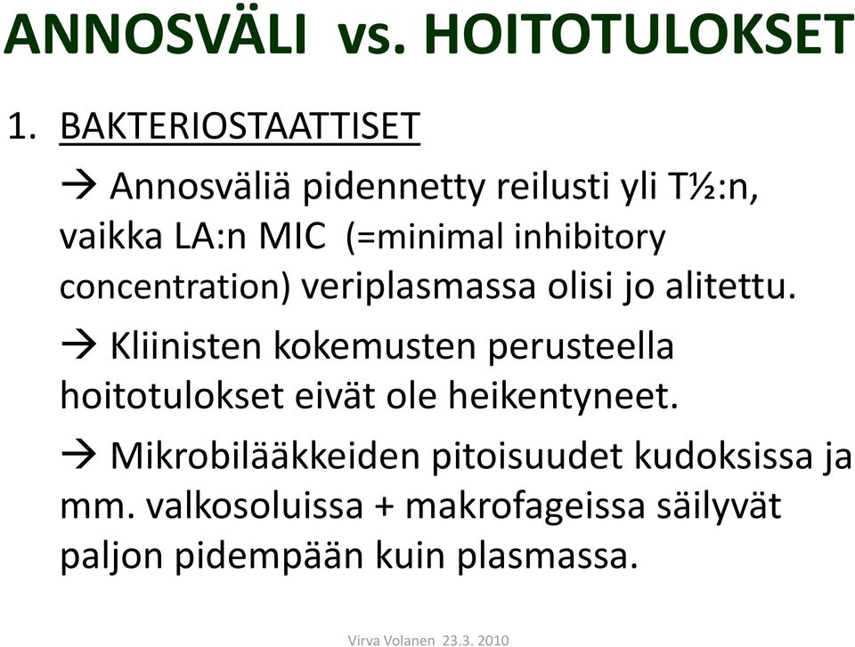 inhibitory concentration) veriplasmassa olisi jo alitettu.