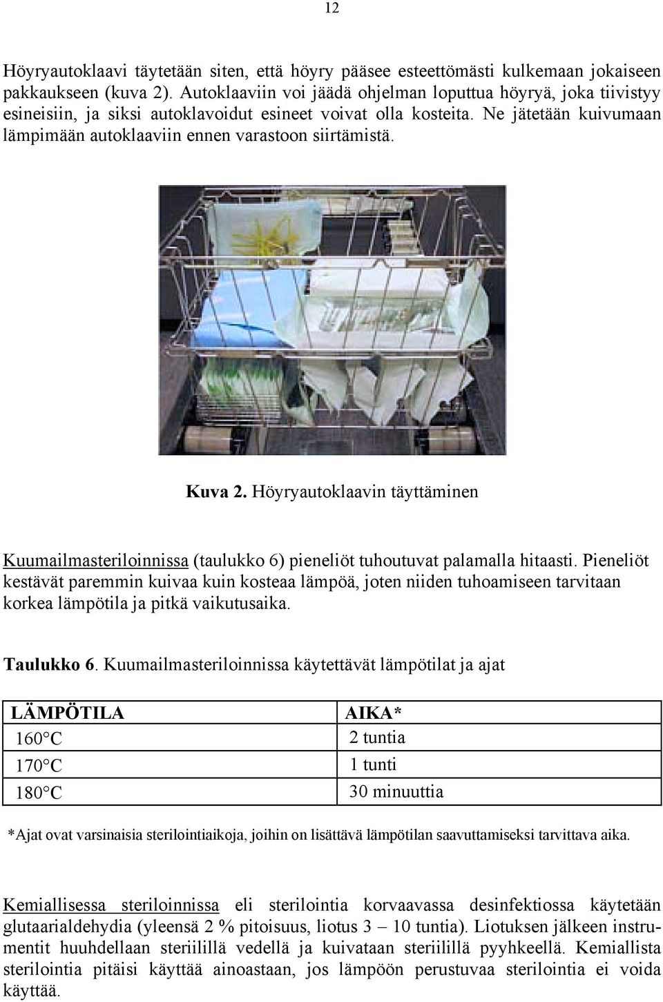 Ne jätetään kuivumaan lämpimään autoklaaviin ennen varastoon siirtämistä. Kuva 2. Höyryautoklaavin täyttäminen Kuumailmasteriloinnissa (taulukko 6) pieneliöt tuhoutuvat palamalla hitaasti.