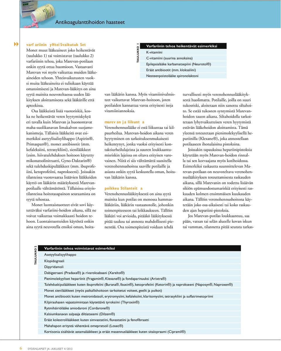 Yhteisvaikutusten vuoksi muita lääkeaineita ei tulisikaan käyttää omatoimisesti ja Marevan-lääkitys on aina syytä mainita neuvoteltaessa uuden lääkityksen aloittamisesta sekä lääkärille että