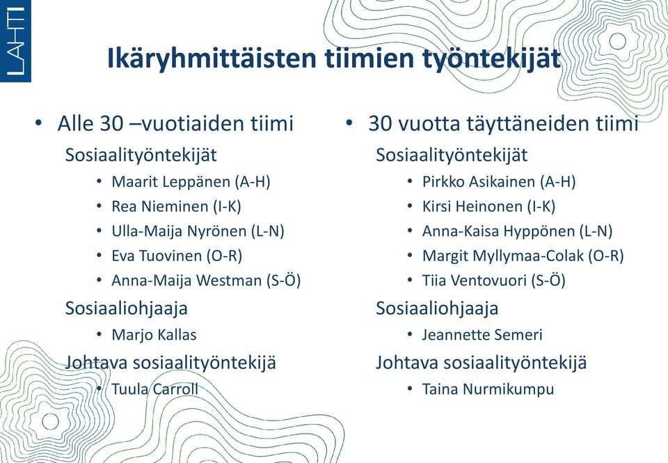 Tuula Carroll 30 vuotta täyttäneiden tiimi Sosiaalityöntekijät Pirkko Asikainen (A-H) Kirsi Heinonen (I-K) Anna-Kaisa Hyppönen