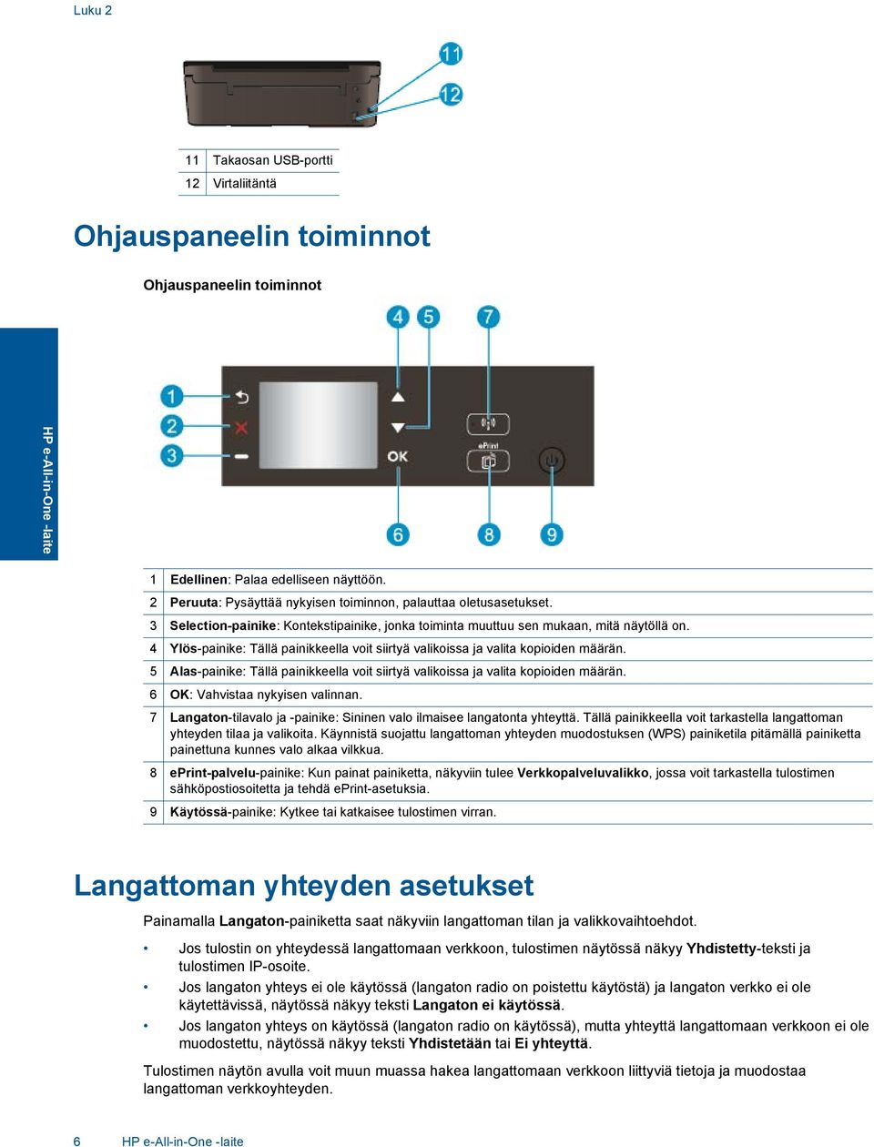 4 Ylös-painike: Tällä painikkeella voit siirtyä valikoissa ja valita kopioiden määrän. 5 Alas-painike: Tällä painikkeella voit siirtyä valikoissa ja valita kopioiden määrän.