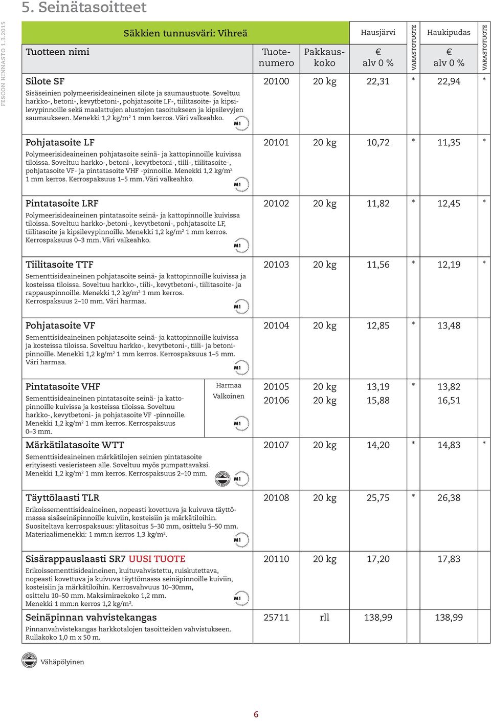 Väri valkeahko. 20100 20 kg 22,31 22,94 Pohjatasoite LF Polymeerisideaineinen pohjatasoite seinä- ja kattopinnoille kuivissa tiloissa.