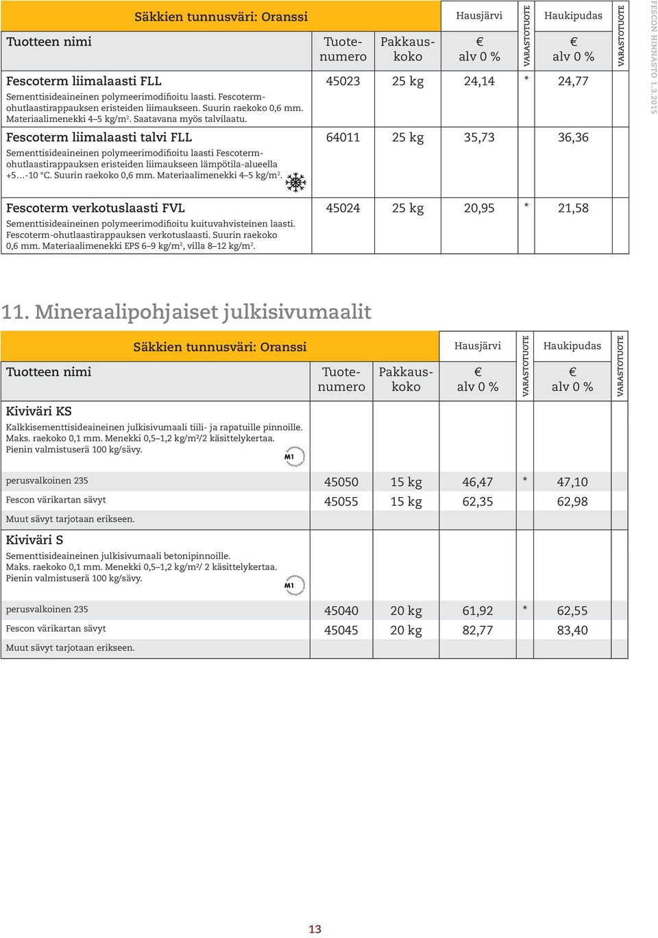 45023 24,14 24,77 Fescoterm liimalaasti talvi FLL Sementtisideaineinen polymeerimodifioitu laasti Fescotermohutlaastirappauksen eristeiden liimaukseen lämpötila-alueella +5-10 C.