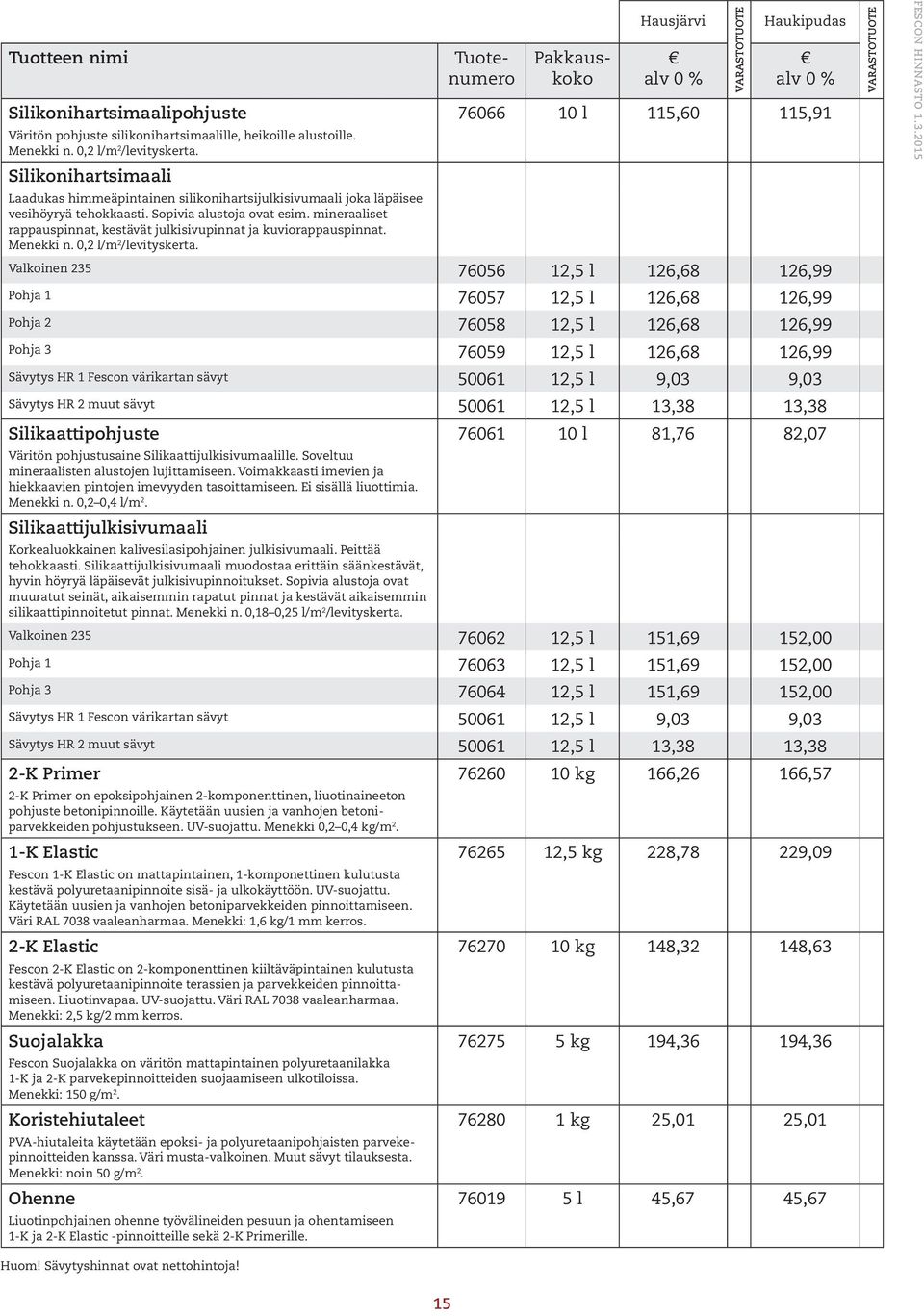 mineraaliset rappauspinnat, kestävät julkisivupinnat ja kuviorappauspinnat. Menekki n. 0,2 l/m 2 /levityskerta.