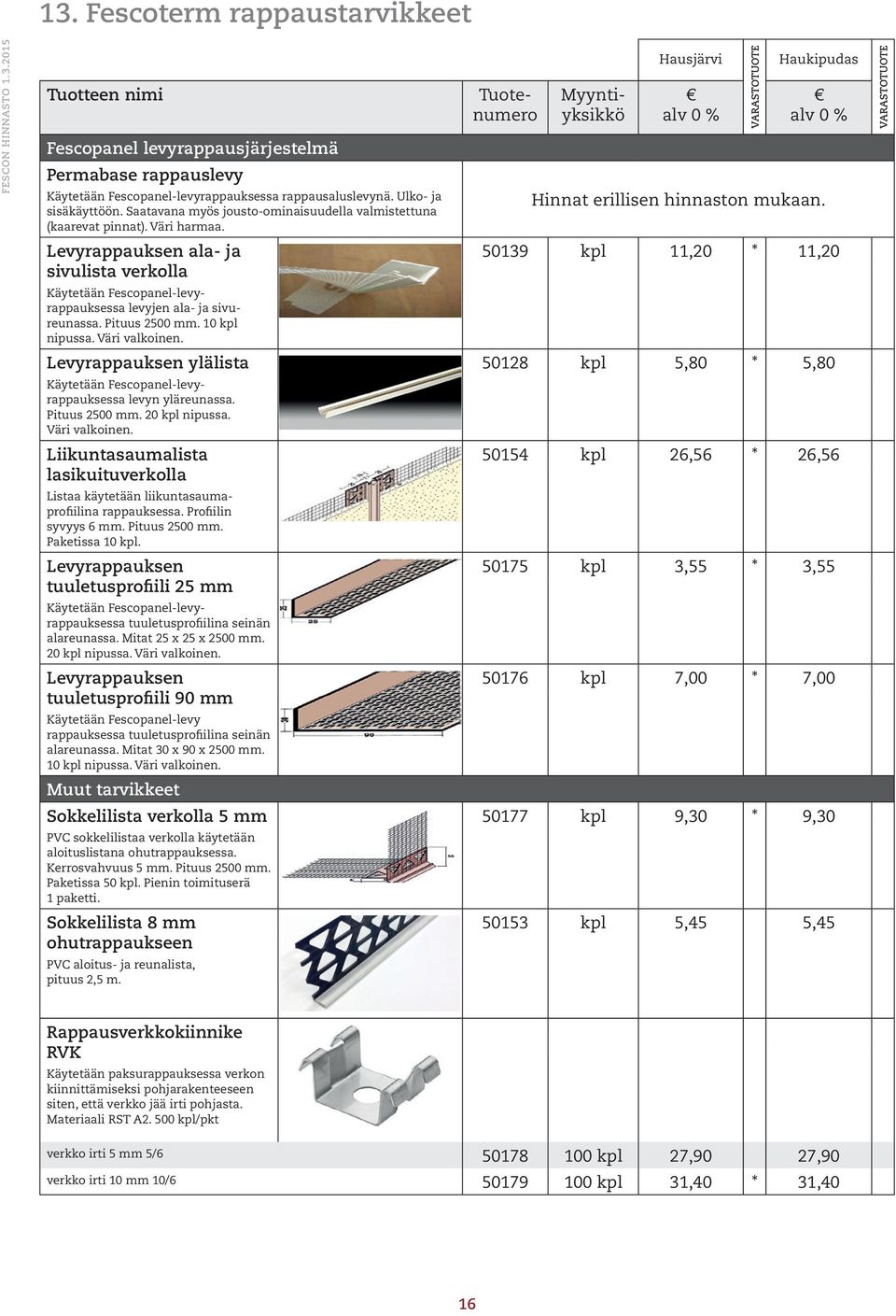 Levyrappauksen ala- ja sivulista verkolla 50139 kpl 11,20 11,20 Käytetään Fescopanel-levyrappauksessa levyjen ala- ja sivureunassa. Pituus 2500 mm. 10 kpl nipussa. Väri valkoinen.