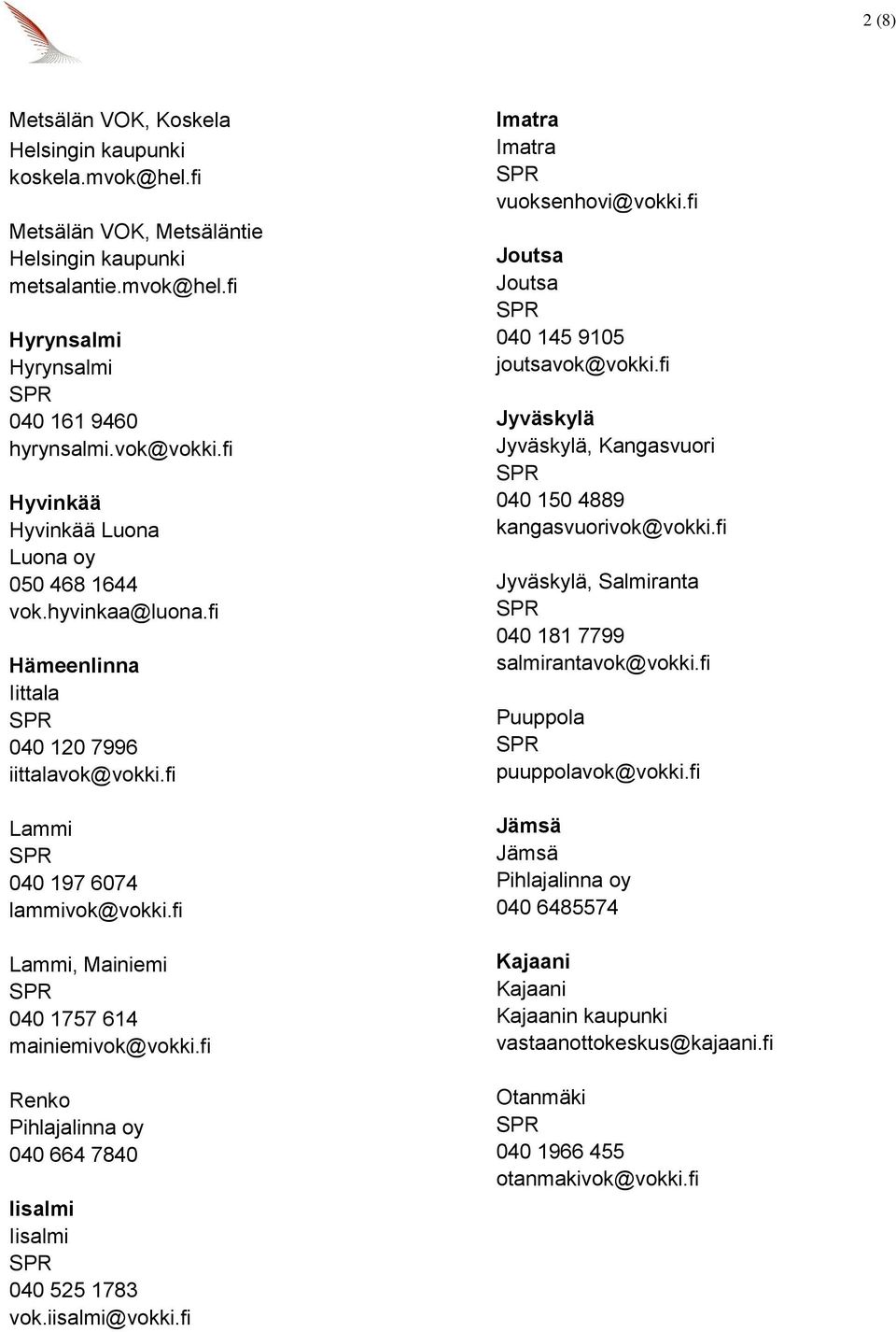 fi Renko Pihlajalinna oy 040 664 7840 Iisalmi Iisalmi 040 525 1783 vok.iisalmi@vokki.fi Imatra Imatra vuoksenhovi@vokki.fi Joutsa Joutsa 040 145 9105 joutsavok@vokki.