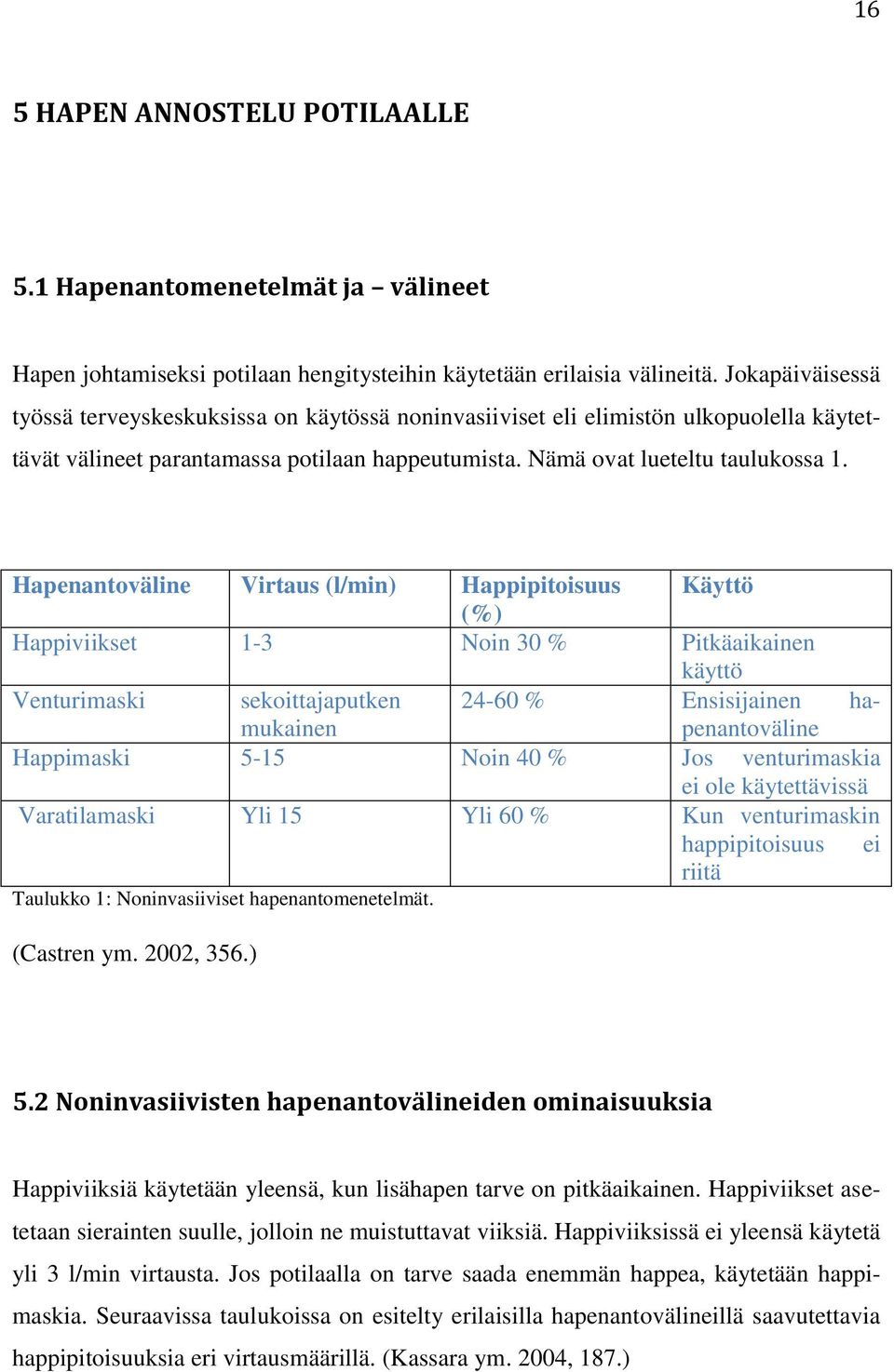 Hapenantoväline Virtaus (l/min) Happipitoisuus Käyttö (%) Happiviikset 1-3 Noin 30 % Pitkäaikainen käyttö Venturimaski sekoittajaputken 24-60 % Ensisijainen hapenantoväline mukainen Happimaski 5-15