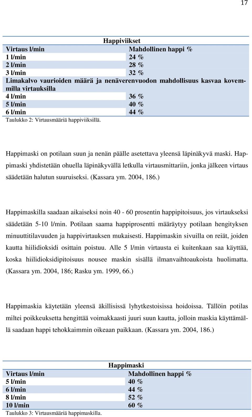 Happimaski yhdistetään ohuella läpinäkyvällä letkulla virtausmittariin, jonka jälkeen virtaus säädetään halutun suuruiseksi. (Kassara ym. 2004, 186.