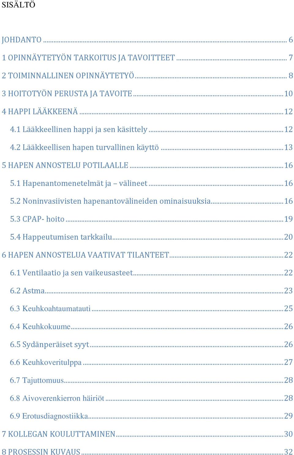 .. 16 5.3 CPAP- hoito... 19 5.4 Happeutumisen tarkkailu... 20 6 HAPEN ANNOSTELUA VAATIVAT TILANTEET... 22 6.1 Ventilaatio ja sen vaikeusasteet... 22 6.2 Astma... 23 6.3 Keuhkoahtaumatauti... 25 6.