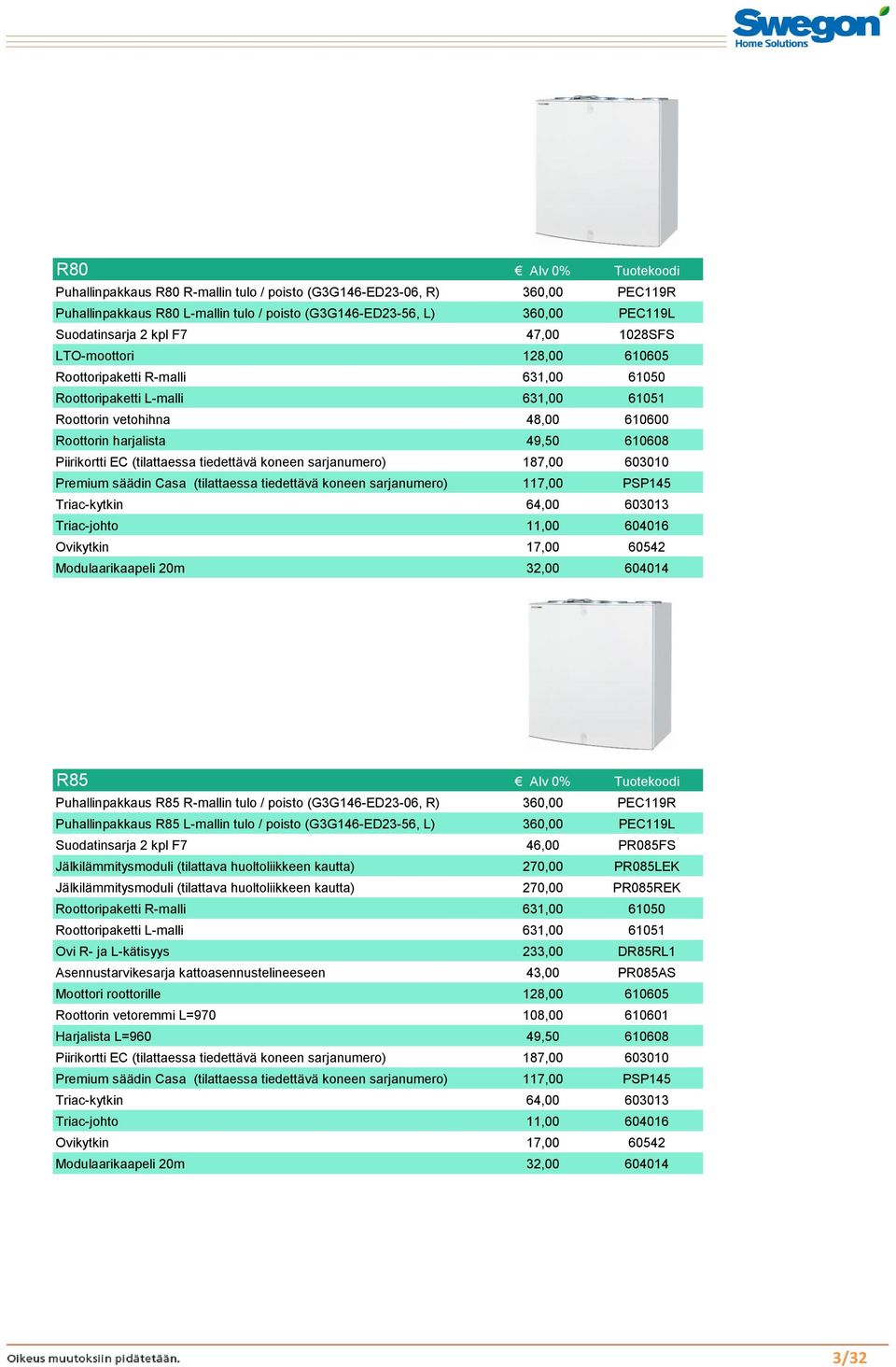 (tilattaessa tiedettävä koneen sarjanumero) 187,00 603010 Premium säädin Casa (tilattaessa tiedettävä koneen sarjanumero) 117,00 PSP145 Triac-kytkin 64,00 603013 Triac-johto 11,00 604016